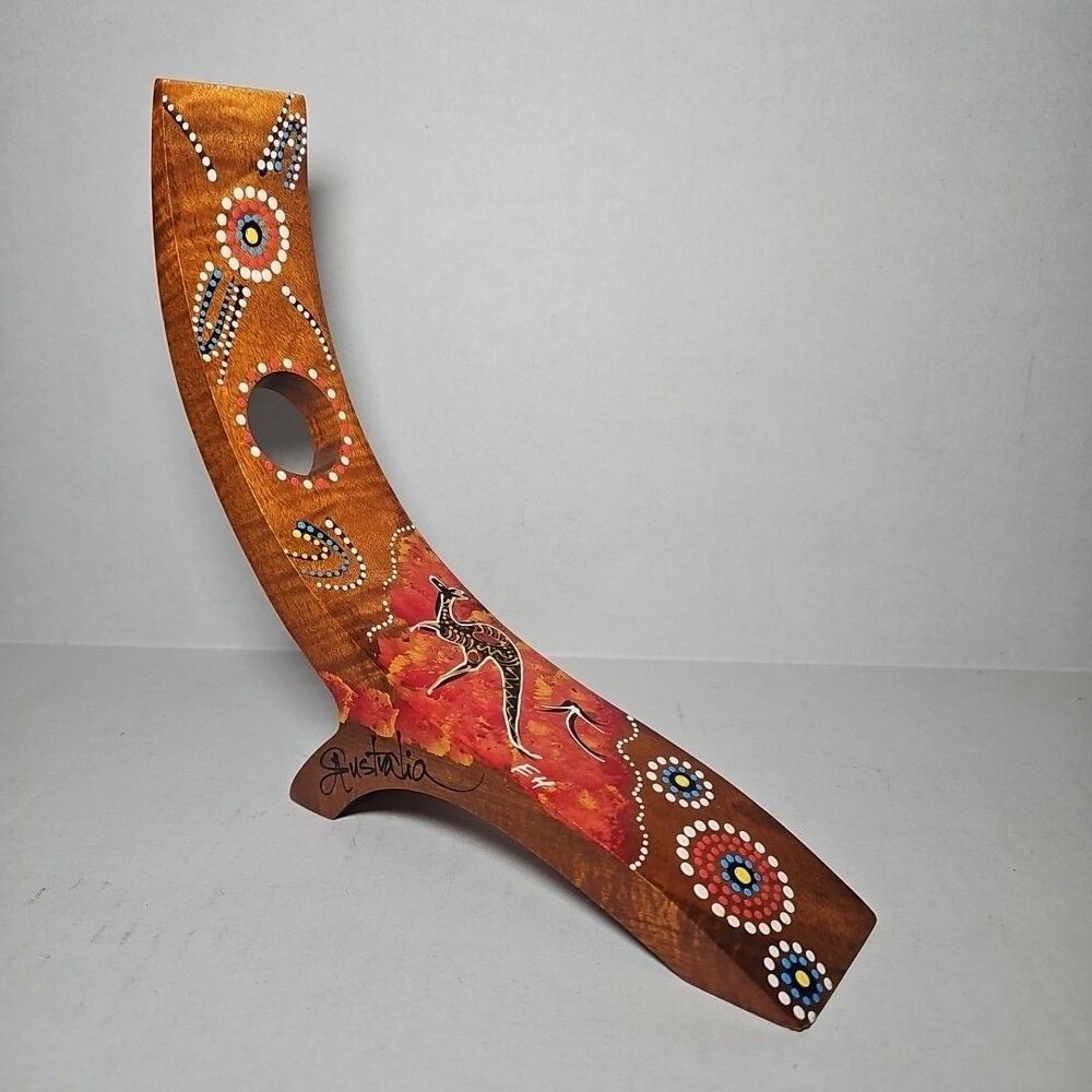 Australian Floating Wine Bottle Holder Wood Aboriginal Art Kangaroo